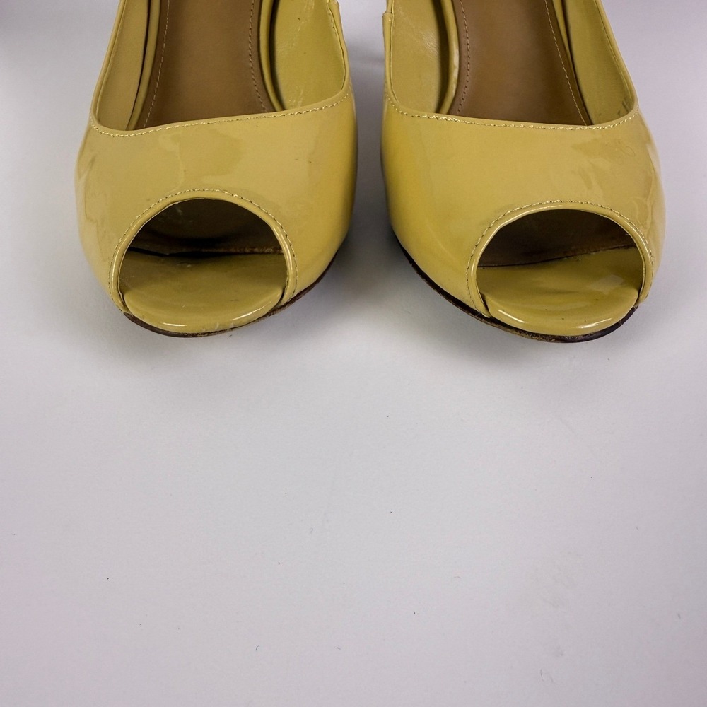 Tory Burch Womens Pumps Heels Yellow Peep‎ Toe Patent Leather Stiletto Shoes 7M - Picture 9 of 14